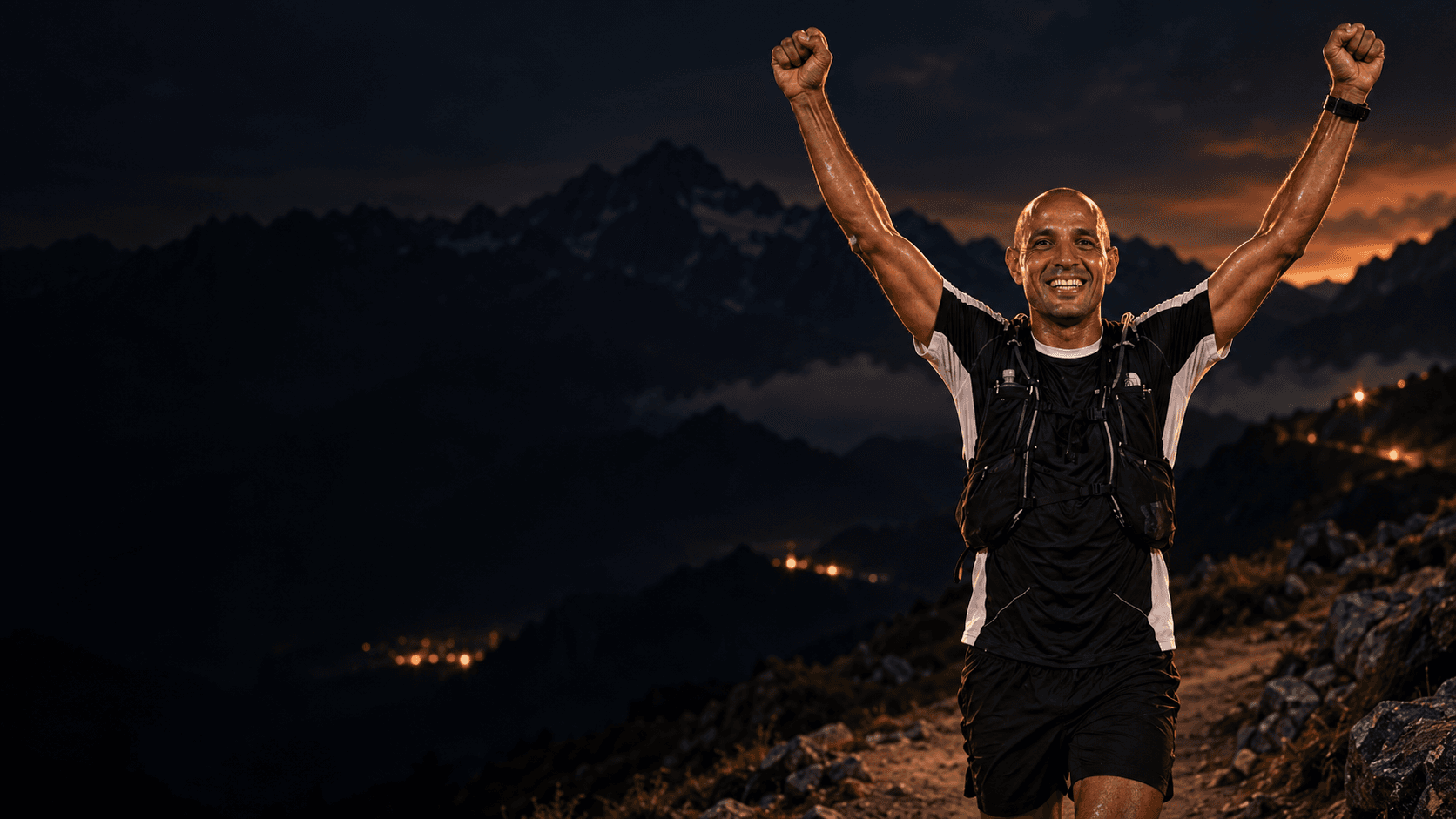 Nordine Raih, ultra-traileur, les bras levés dans un paysage alpin